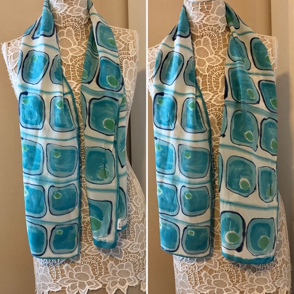 Vintage 1980’s’s Designer Jan Gipple Silk oblong scarf blue and white tones - Picture 2 of 12